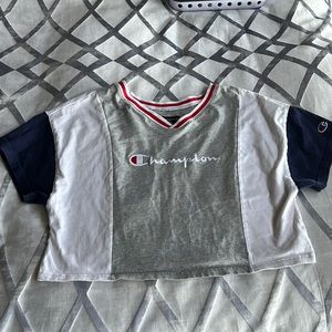 Champion red, white, and grey v neck crop top…size small